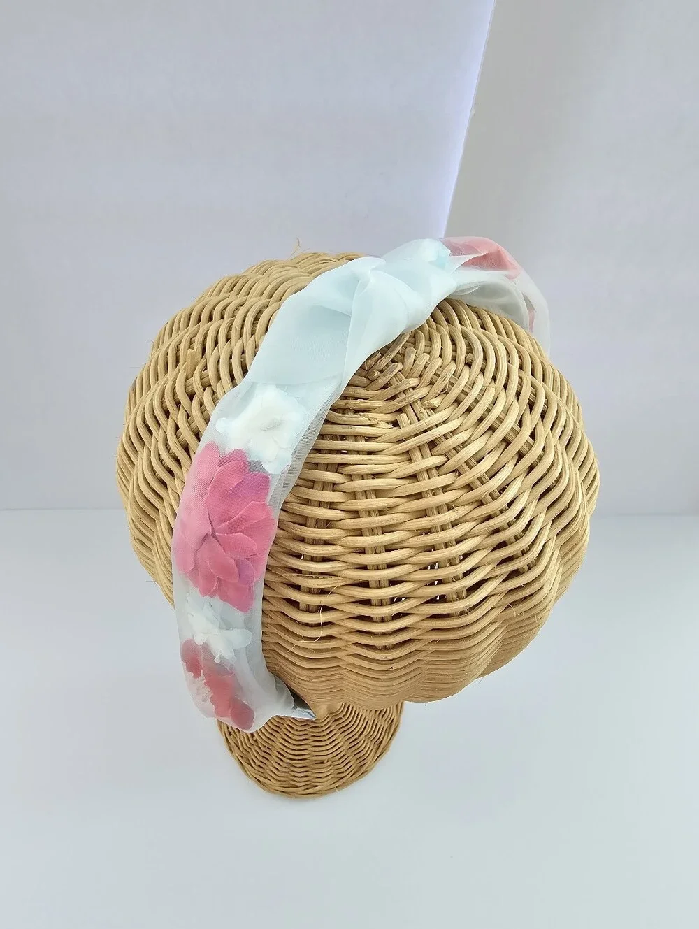Claire's NWT Knotted Floral Headband - 3D Pink Flowers - Mint Sheer Fabric